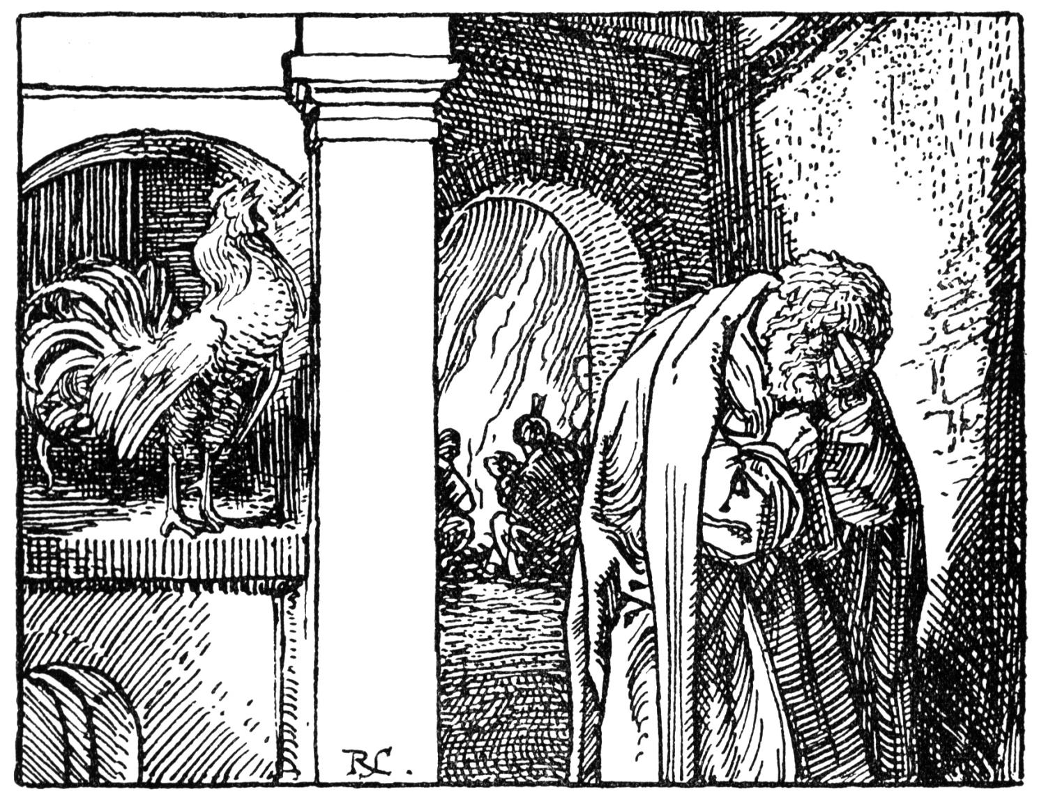 Illustration of a distraught Peter with the rooster crowing.